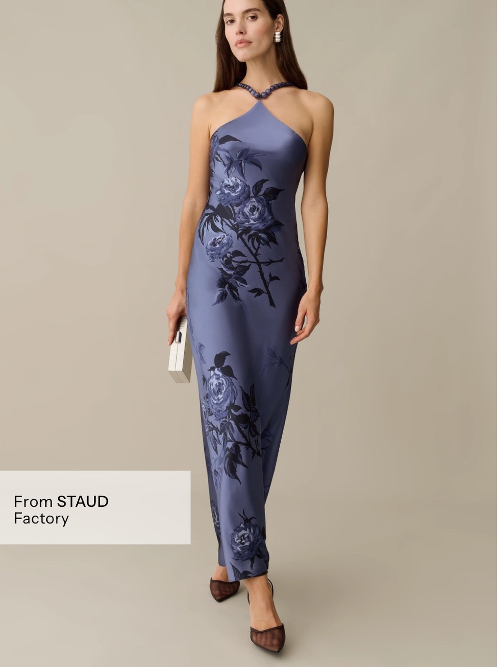 o.p.t Auli Silk Dress Beaded Neckline Blue Floral Halter Evening Dress Size 6